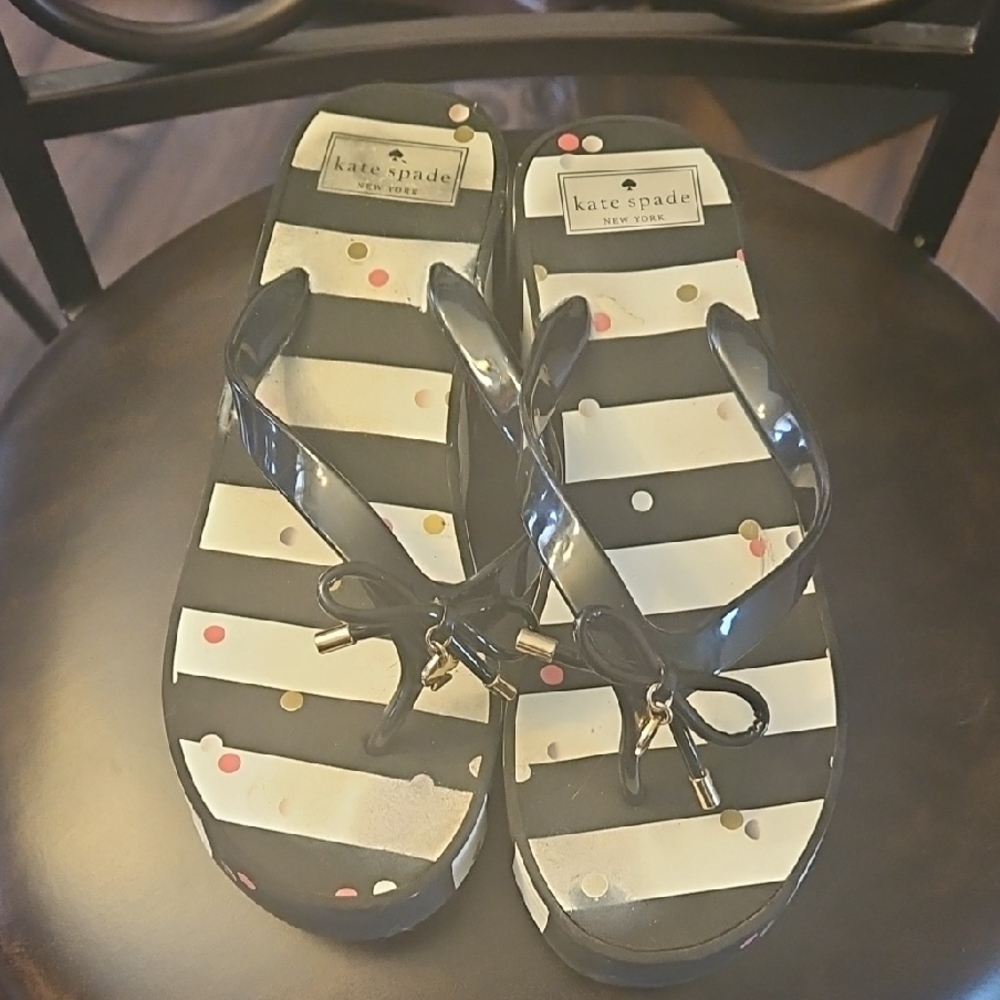 Like New kate spade Black & White Striped Flip Flops with Gold Accents